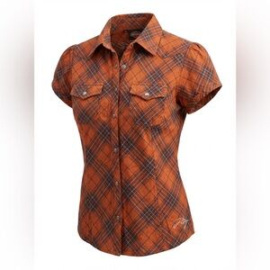 Harley-Davidson Woman Orange Plaid Shirt Snap Buttons Size S P2P 19”